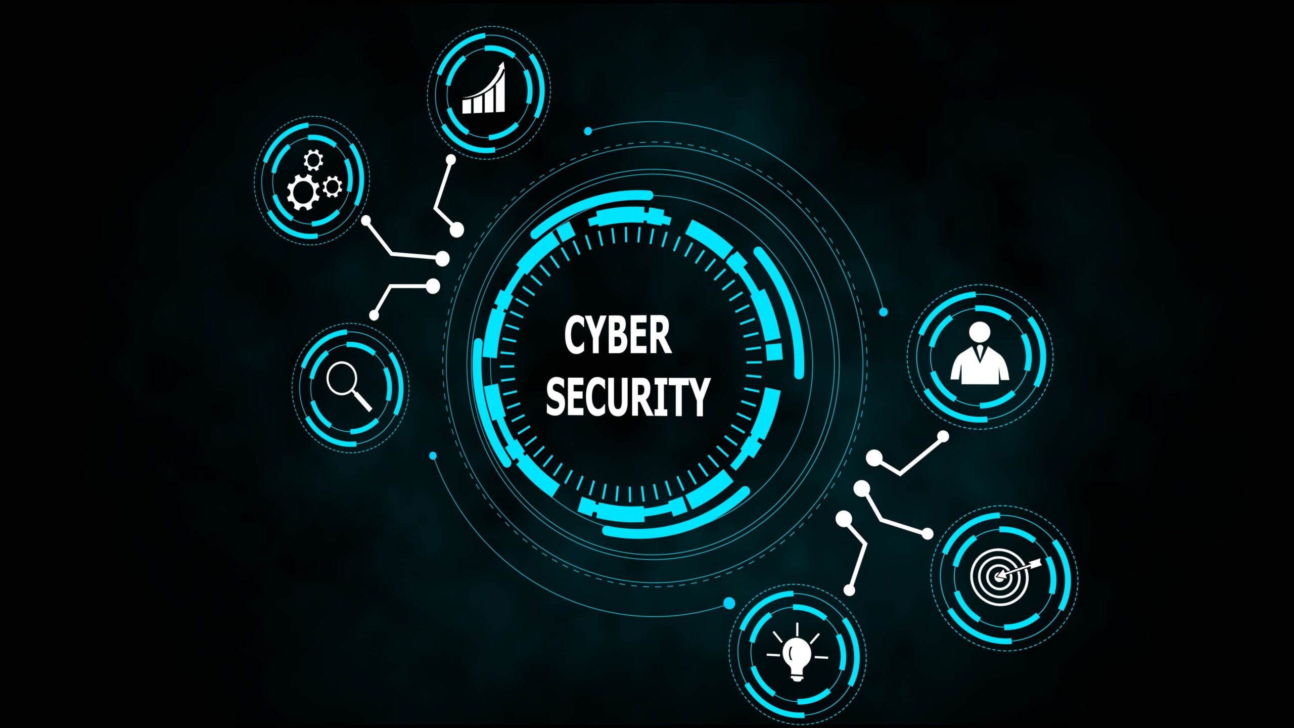Cyber Security Concept With Icons And Glowing Blue Circles On Dark Background Technology Network